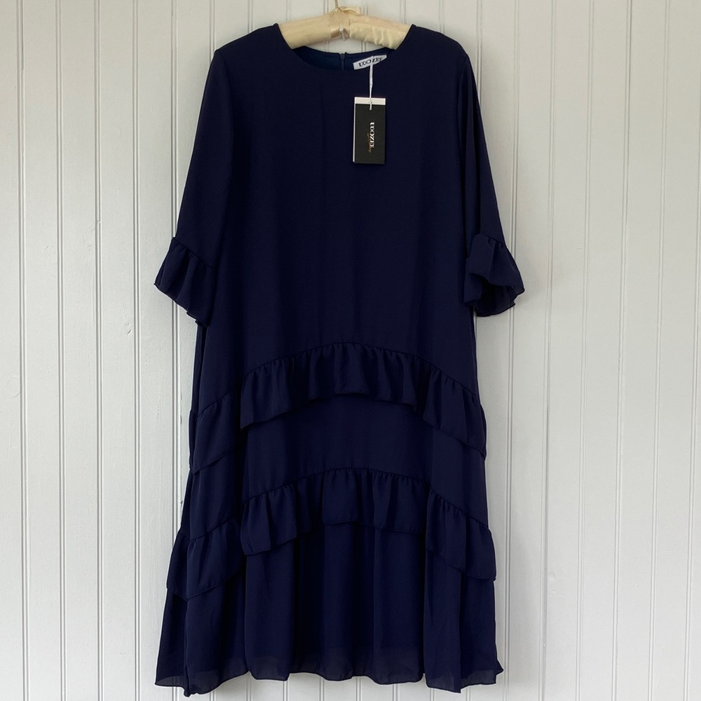 Chic Navy Midi Dress with Ruffle Detail